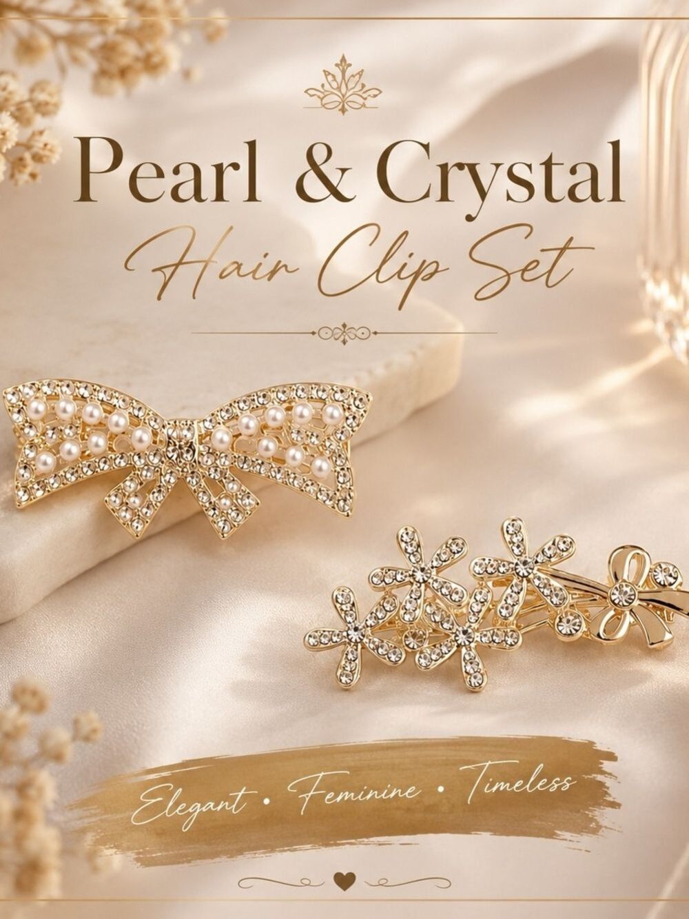Gold Pearl Crystal Hair Clip Set 2